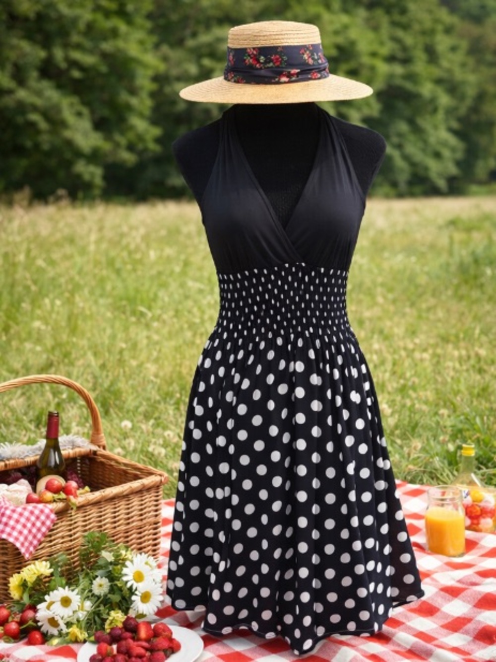 Black White Polka Dot Halter Dress Smocked Waist Fit Flare S